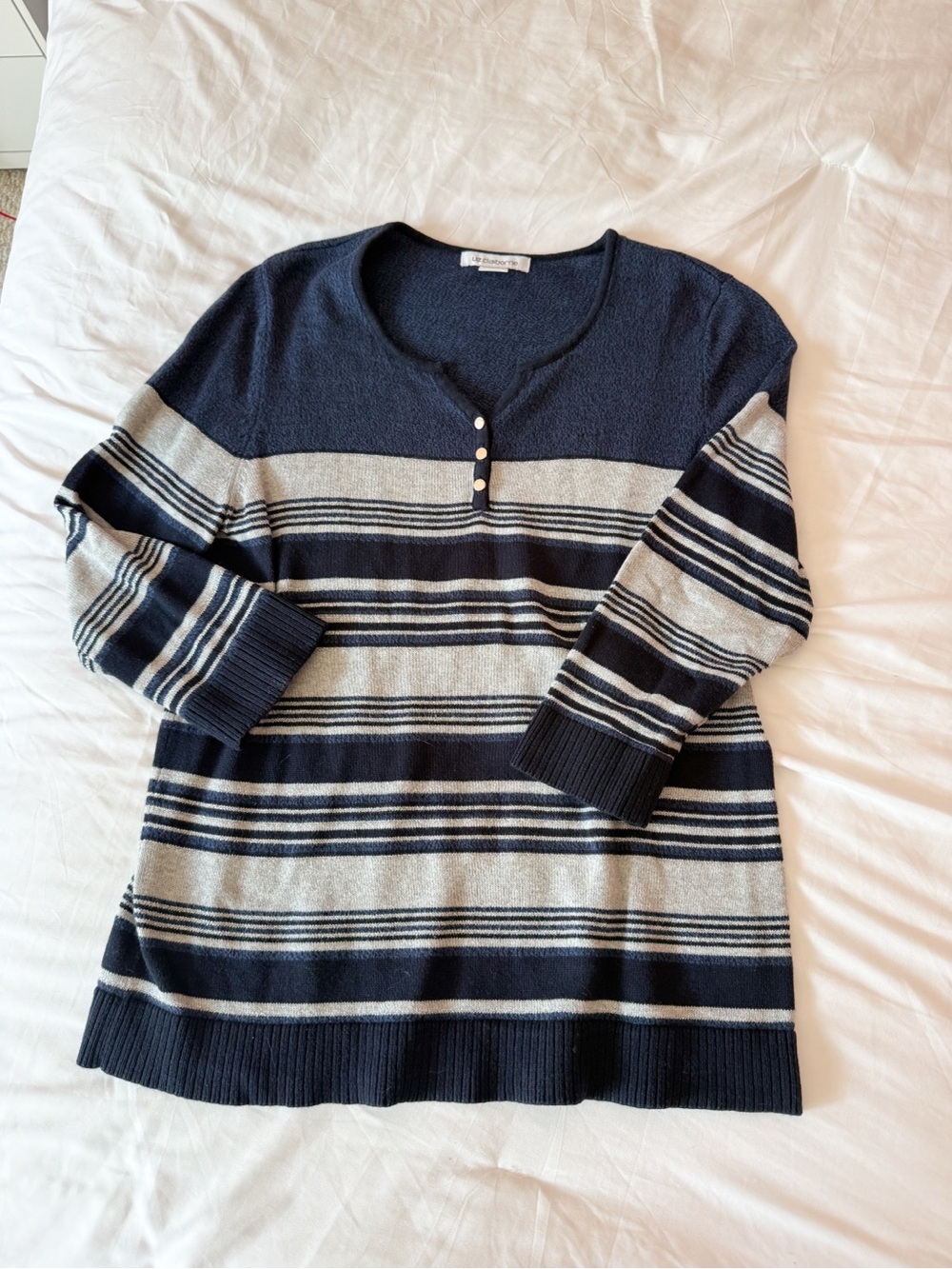 Liz Claiborne Navy Blue And Grey Striped Long Sleeve 3/4 Sleeve Top Size Large